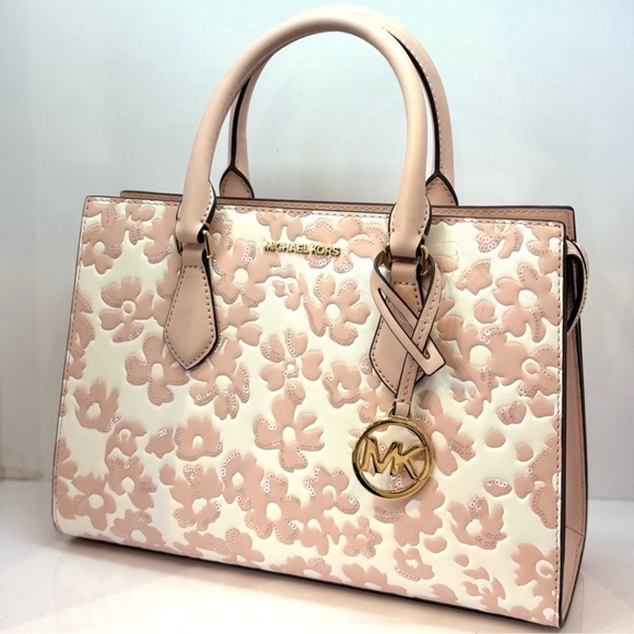 Michael Kors Sheila Medium Sequined Floral Satchel Bag Powder Blush Multi